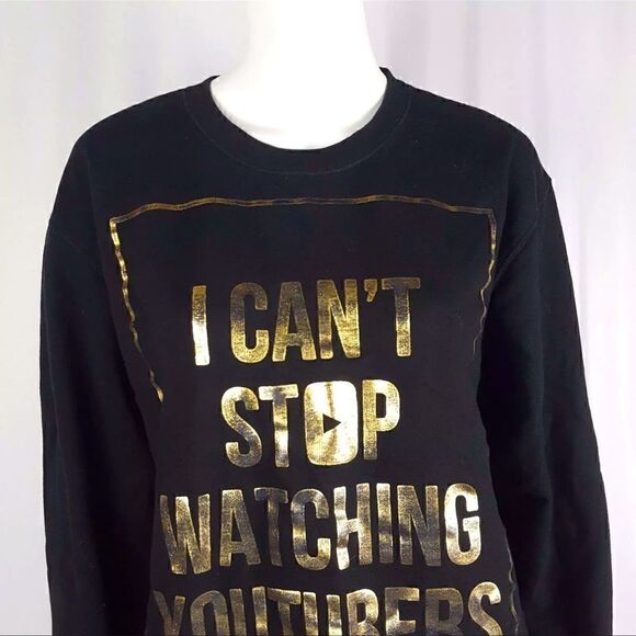 Womens Medium Black and Gold "I Can't Stop Watching Youtubers" Graphic Sweater - Picture 3 of 9